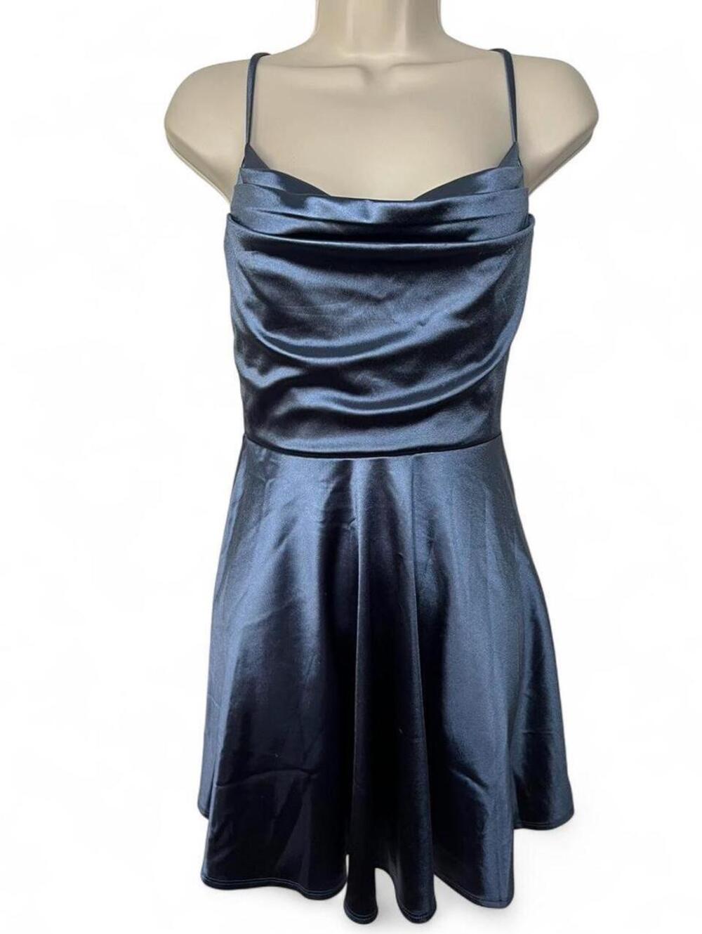 Windsor Slate Blue Satin Draped Cowl Neck Formal Dress L GL16532